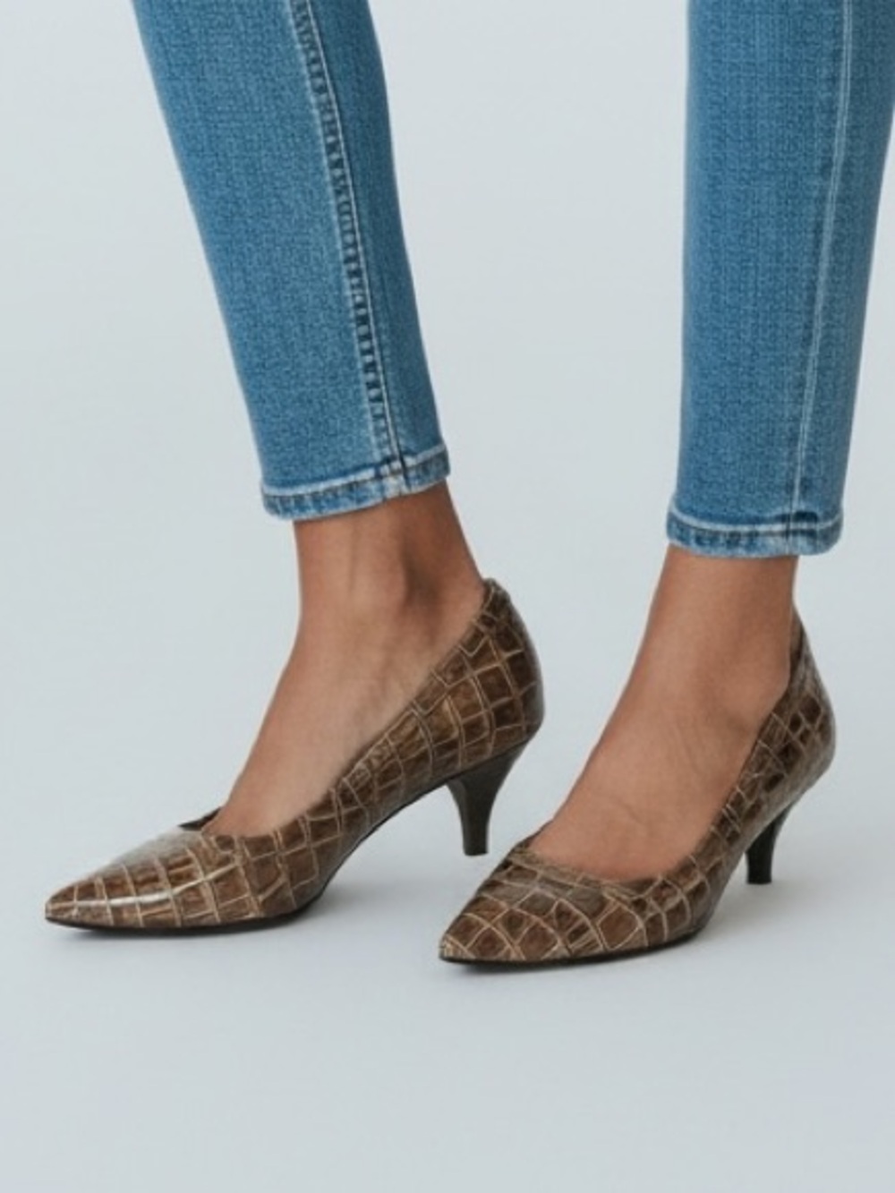 Bandolino Brown Croc Pointed-Toe Kitten Heels